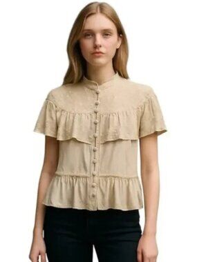 NEW POL Small Beige / Cream Blouse Embroidered Eyelet Capelet Peplum BOHO